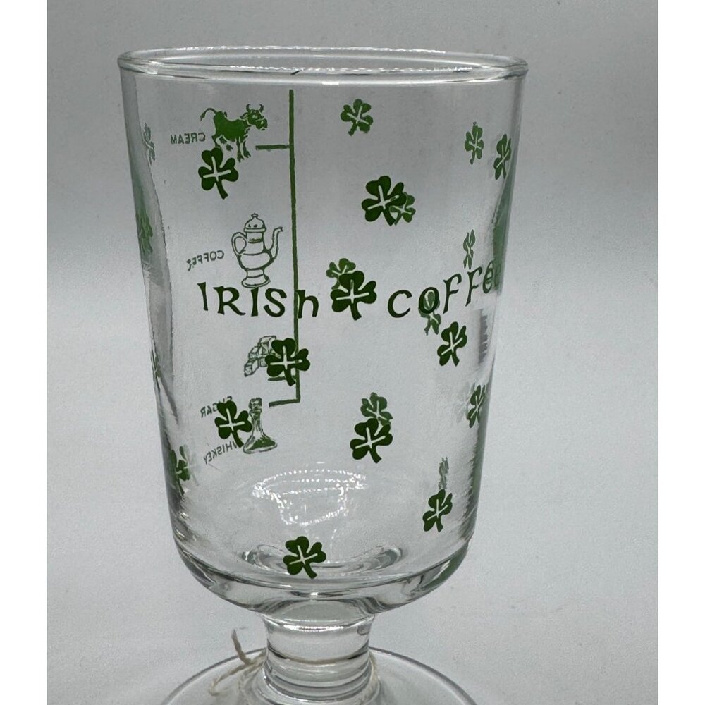 Irish Coffee Glass With Green Shamrock Pattern & Recipe Detail St Patrick's Day